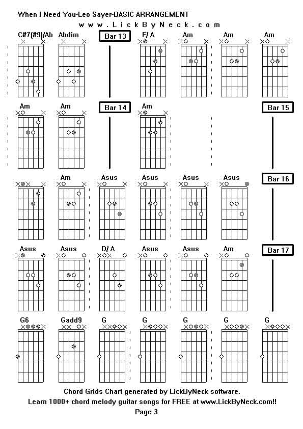 Chord Grids Chart of chord melody fingerstyle guitar song-When I Need You-Leo Sayer-BASIC ARRANGEMENT,generated by LickByNeck software.